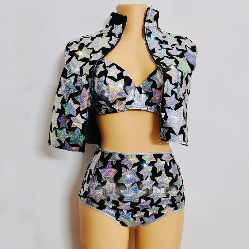 Silver Laser Star Sequin Three-Piece Festival Set