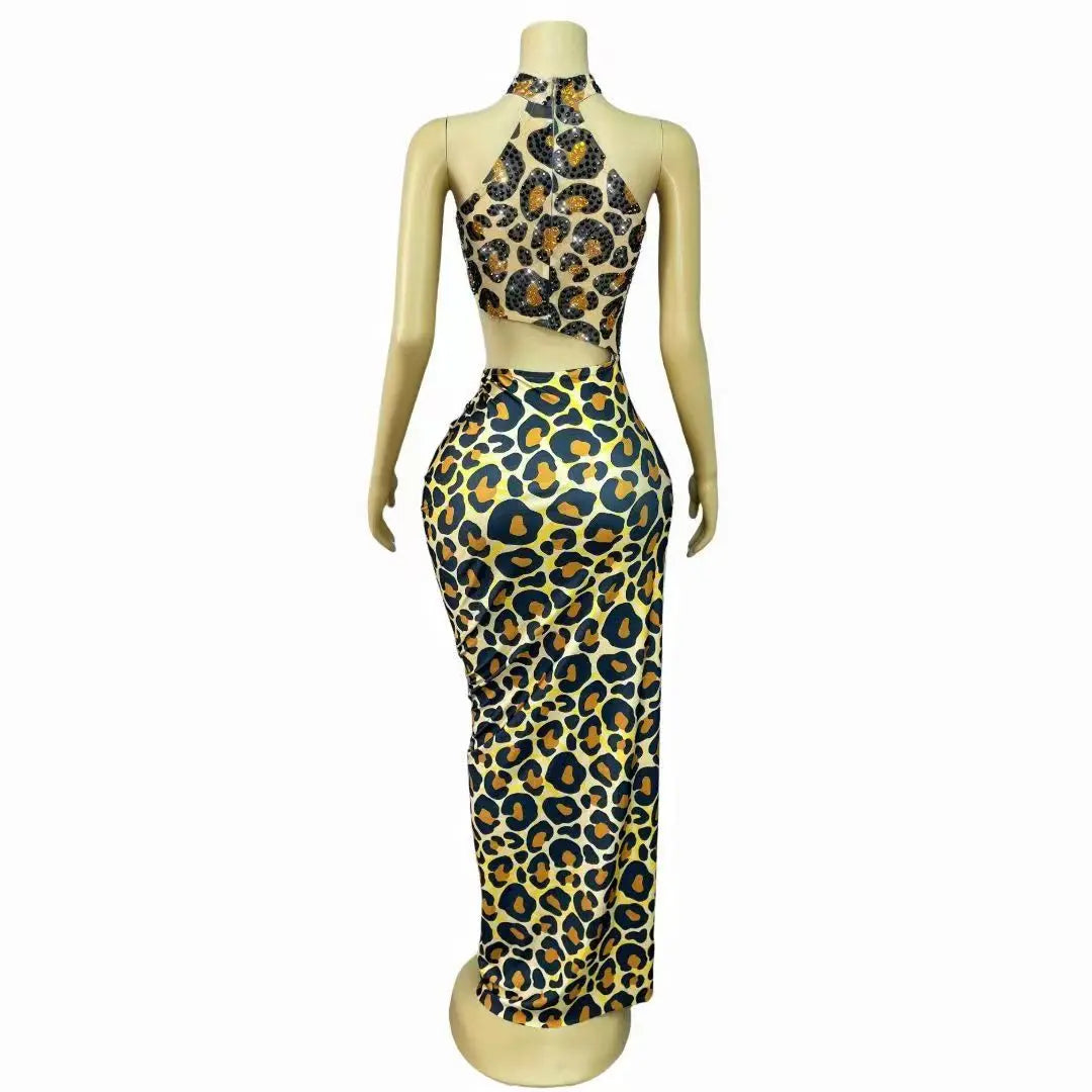 Leopard Rhinestone High-Slit Dress