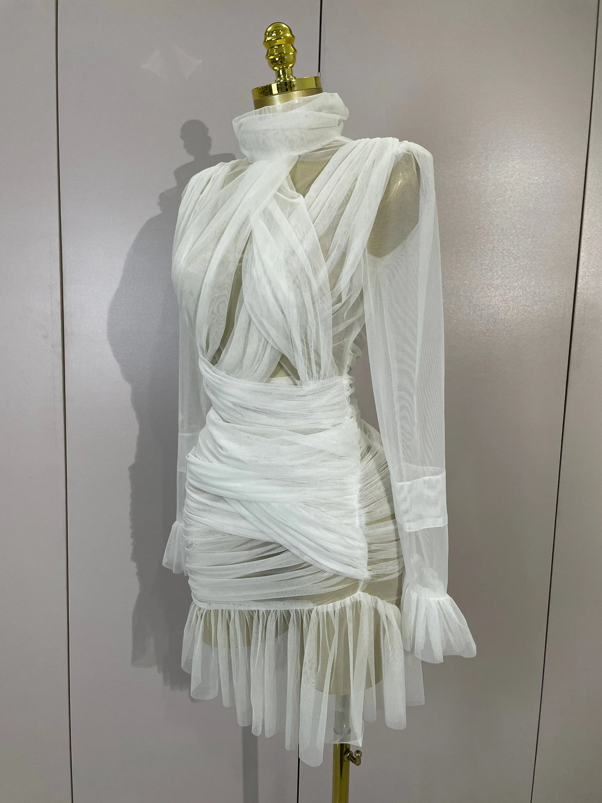 White Sheer Ruffle Mini Dress