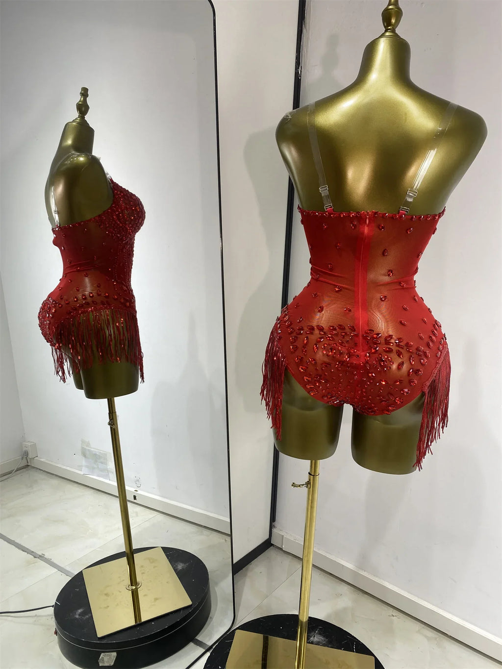 Vintage-Inspired Shiny Rhinestones Tassel Mesh Bodysuit Costume Set