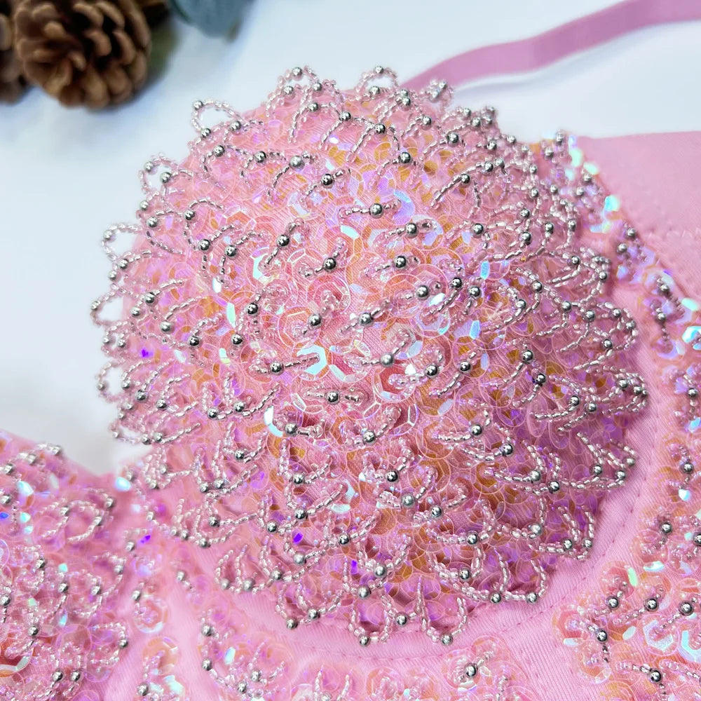 Gold Beaded Sequin Embroidery Bustier Corset Crop Top Party Bralette