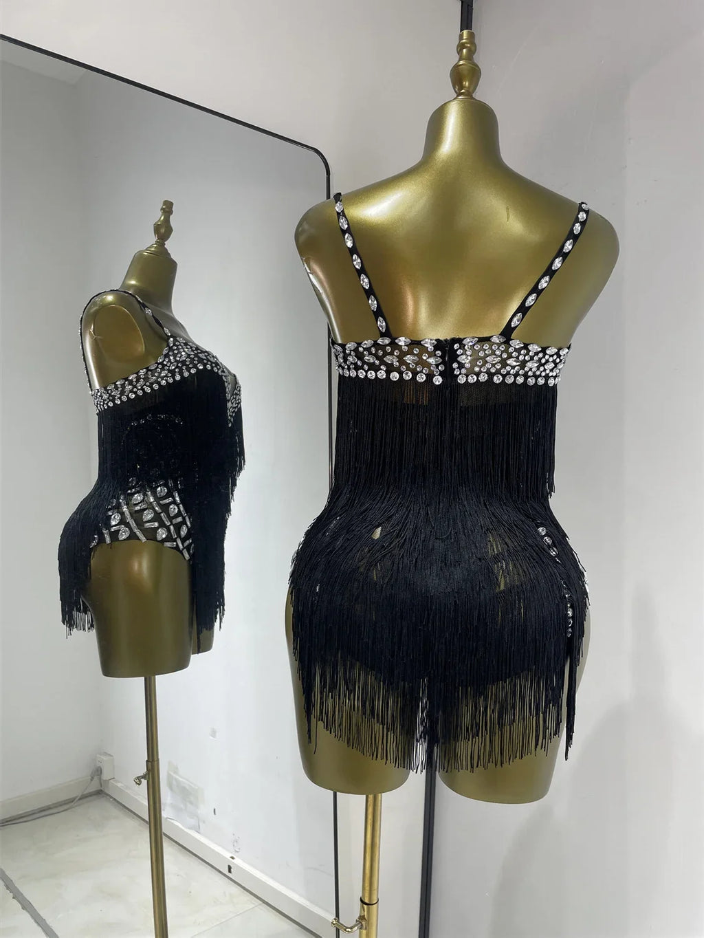 Black Rhinestone Fringe Mesh Leotard | Dancewear
