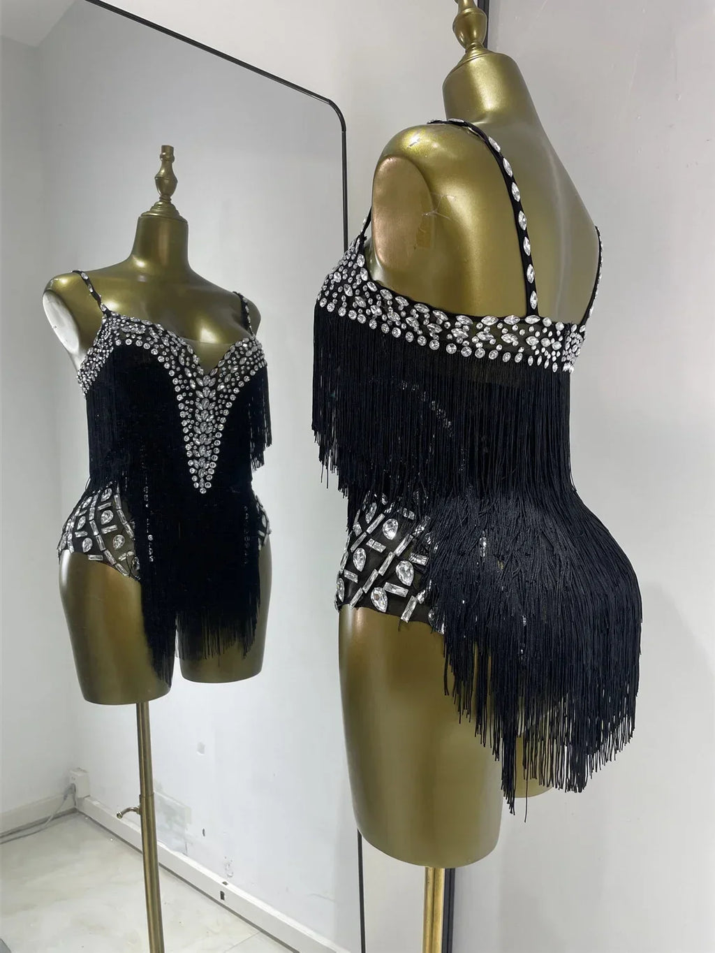 Black Rhinestone Fringe Mesh Leotard | Dancewear