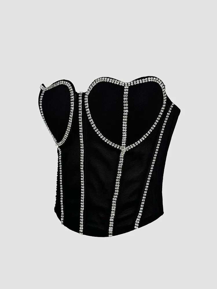 Black Strapless Diamond Embroidered Mesh Bustier Corset Top Stage Party Bralette