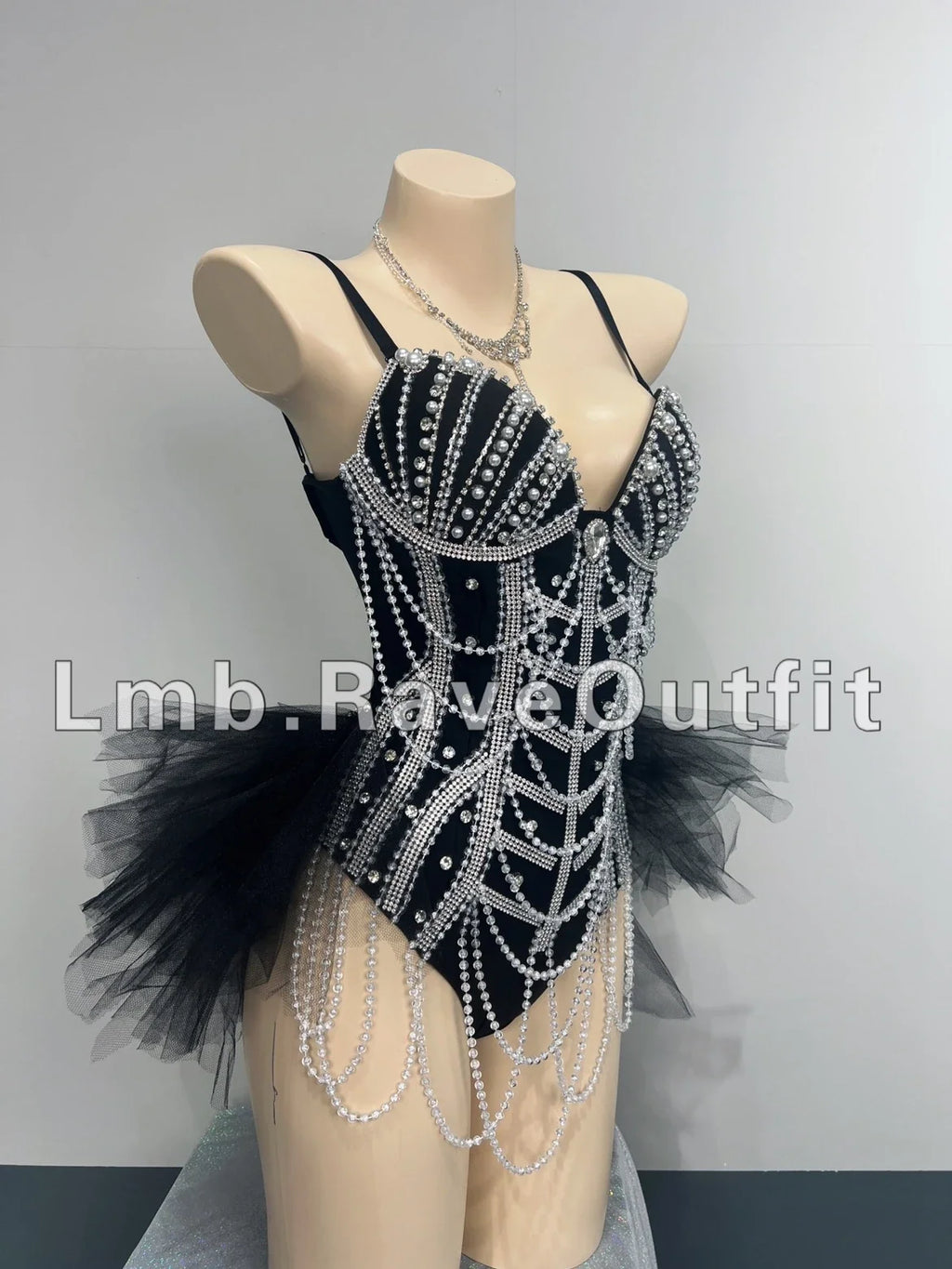 Black Beaded Chain Fringe Bodysuit | Stage Costume