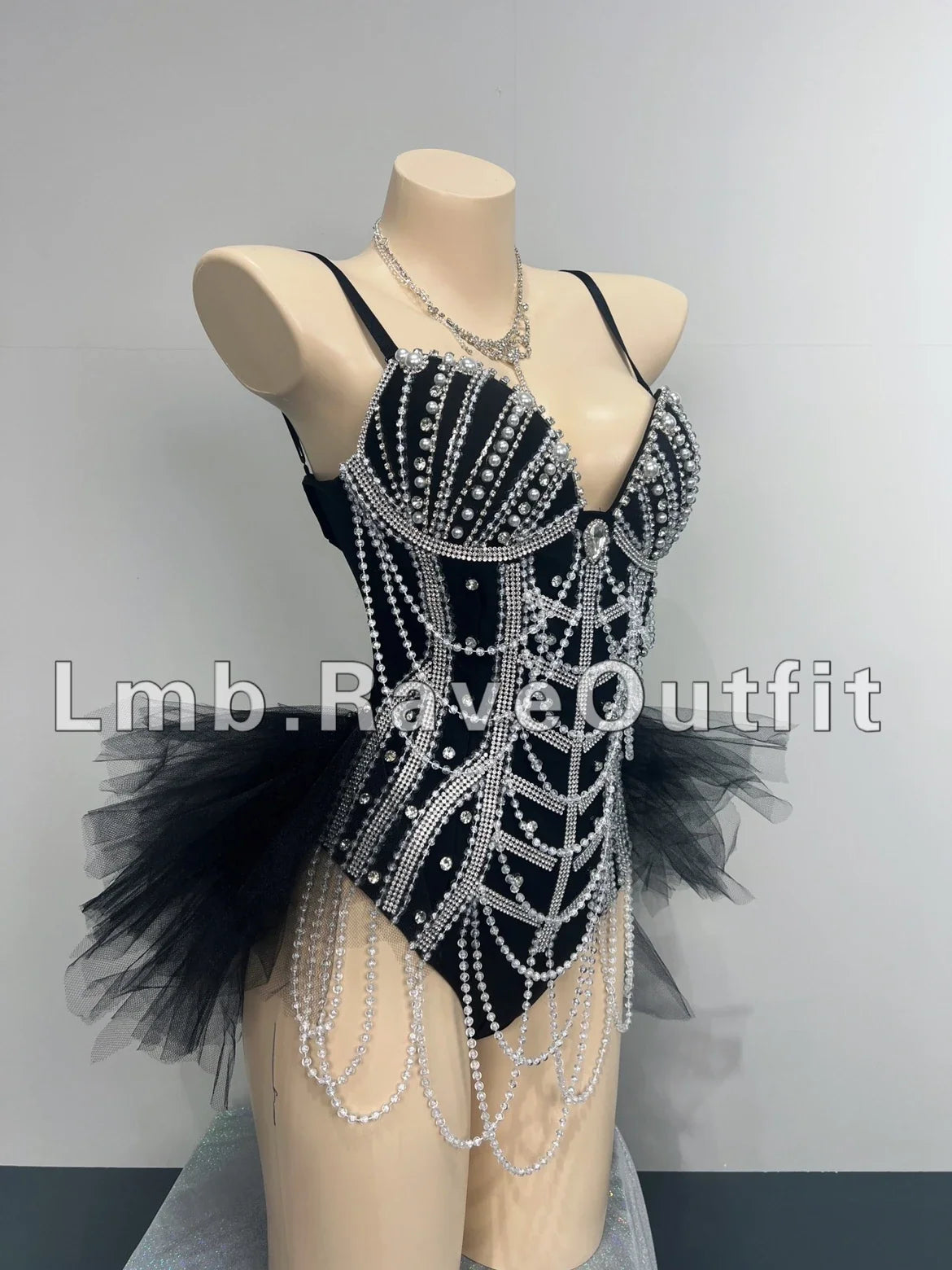 Black Beaded Chain Fringe Bodysuit | Stage Costume