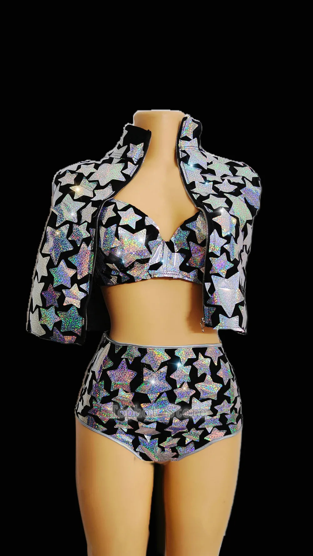 Silver Laser Star Sequin Three-Piece Festival Set