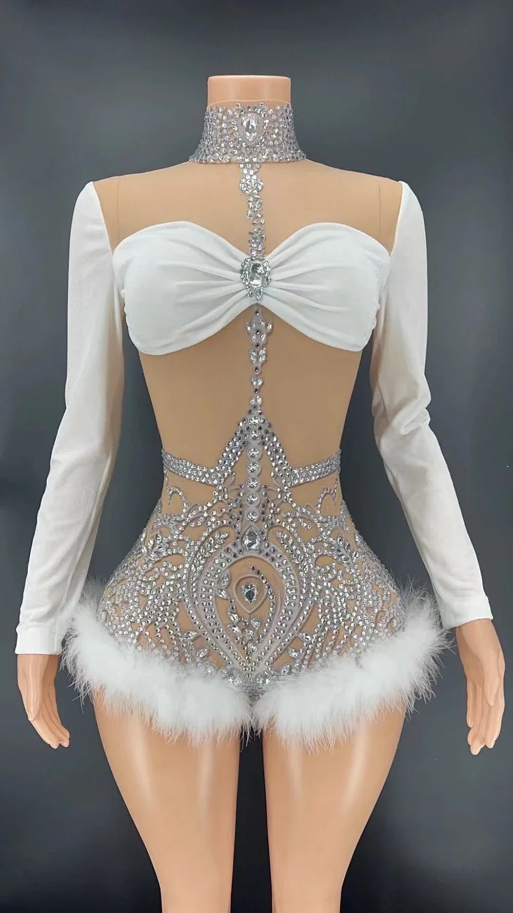 White Rhinestone Feather Bodysuit