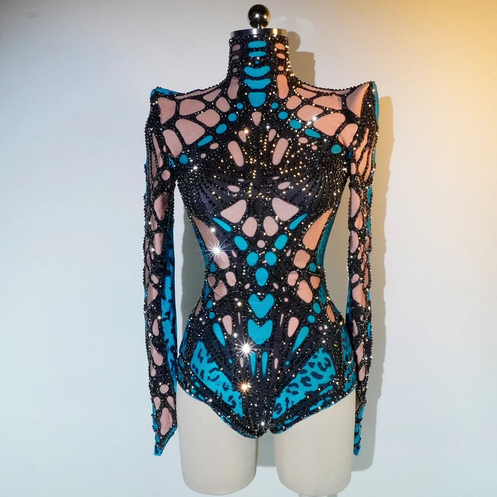 Futuristic Cyber Rhinestone Festival Bodysuit