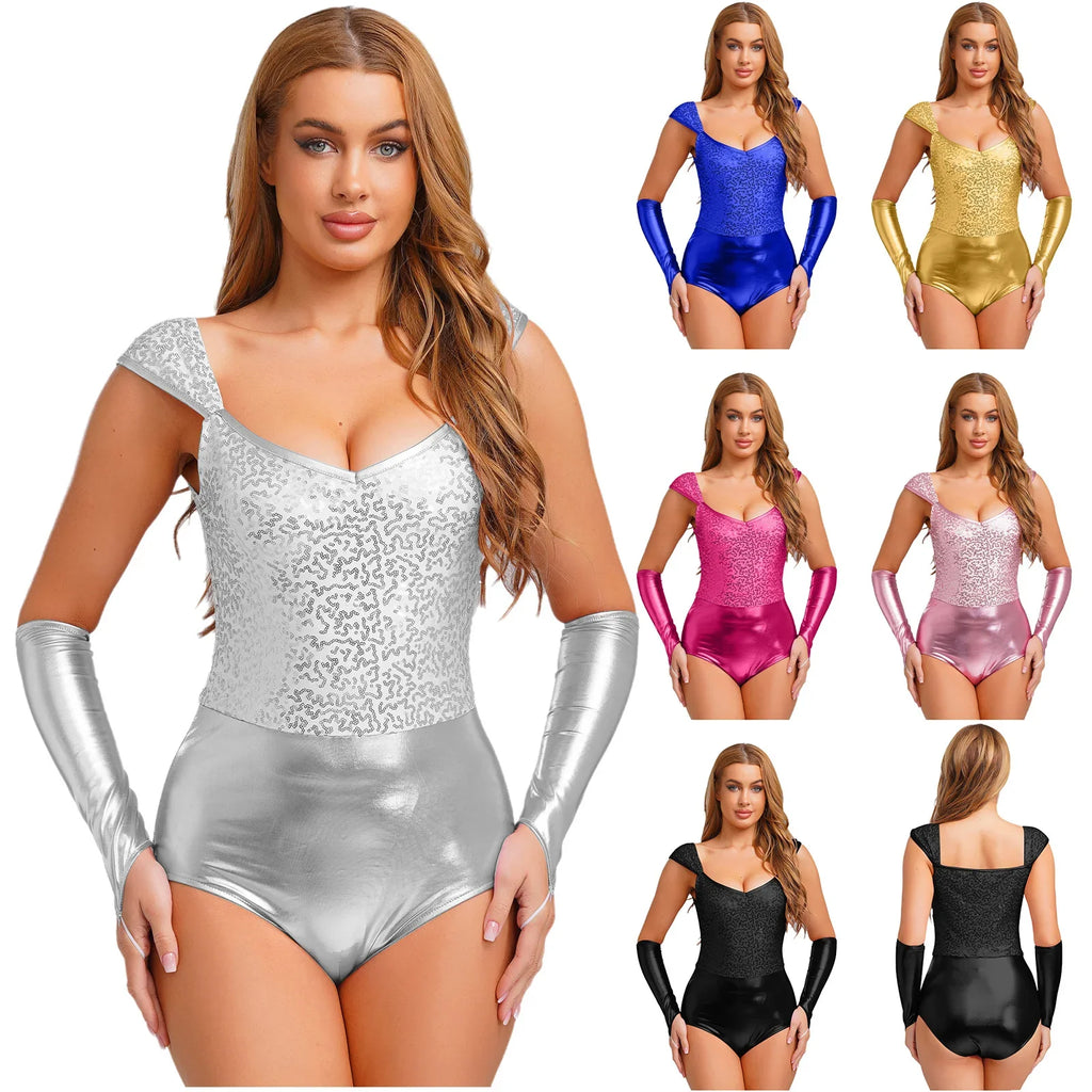 Metallic Sequin Festival Bodysuit with Removable Sleeves
