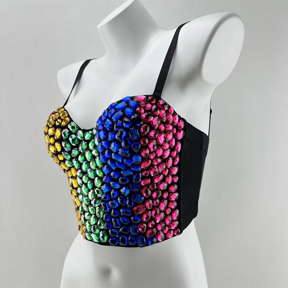 Multicolor Patchwork Rhinestone Bustier Corset Crop Top Stage Costume Bralette