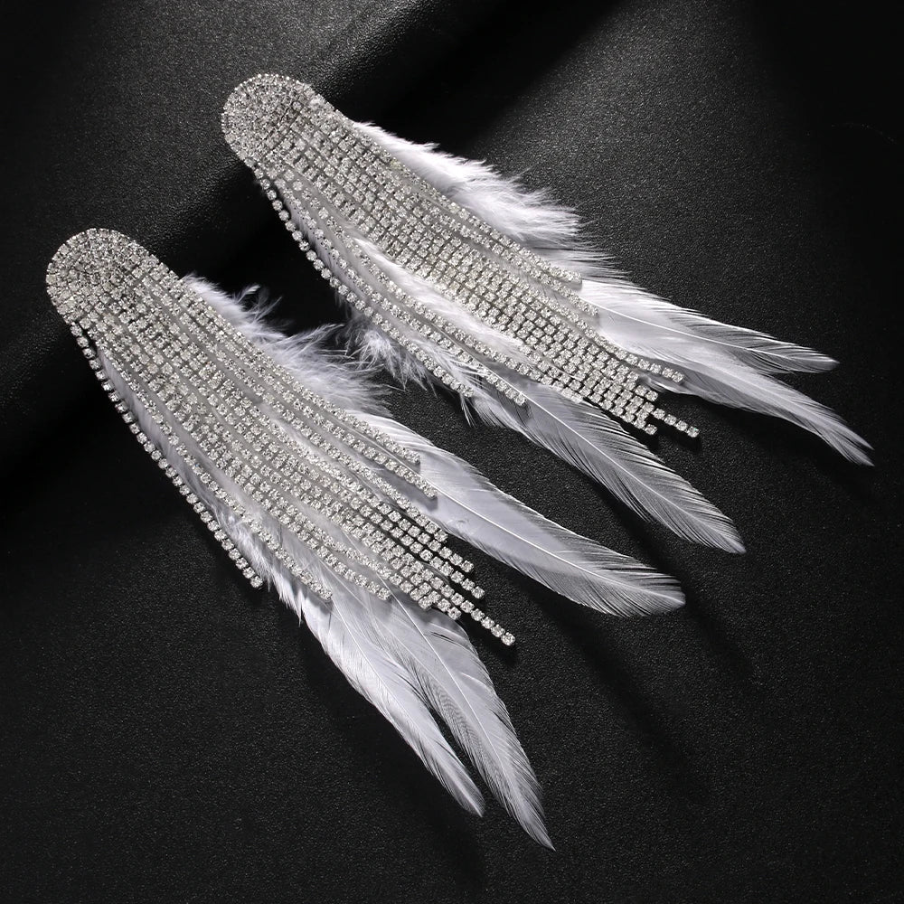 Crystal Tassel Feather Drop Earrings
