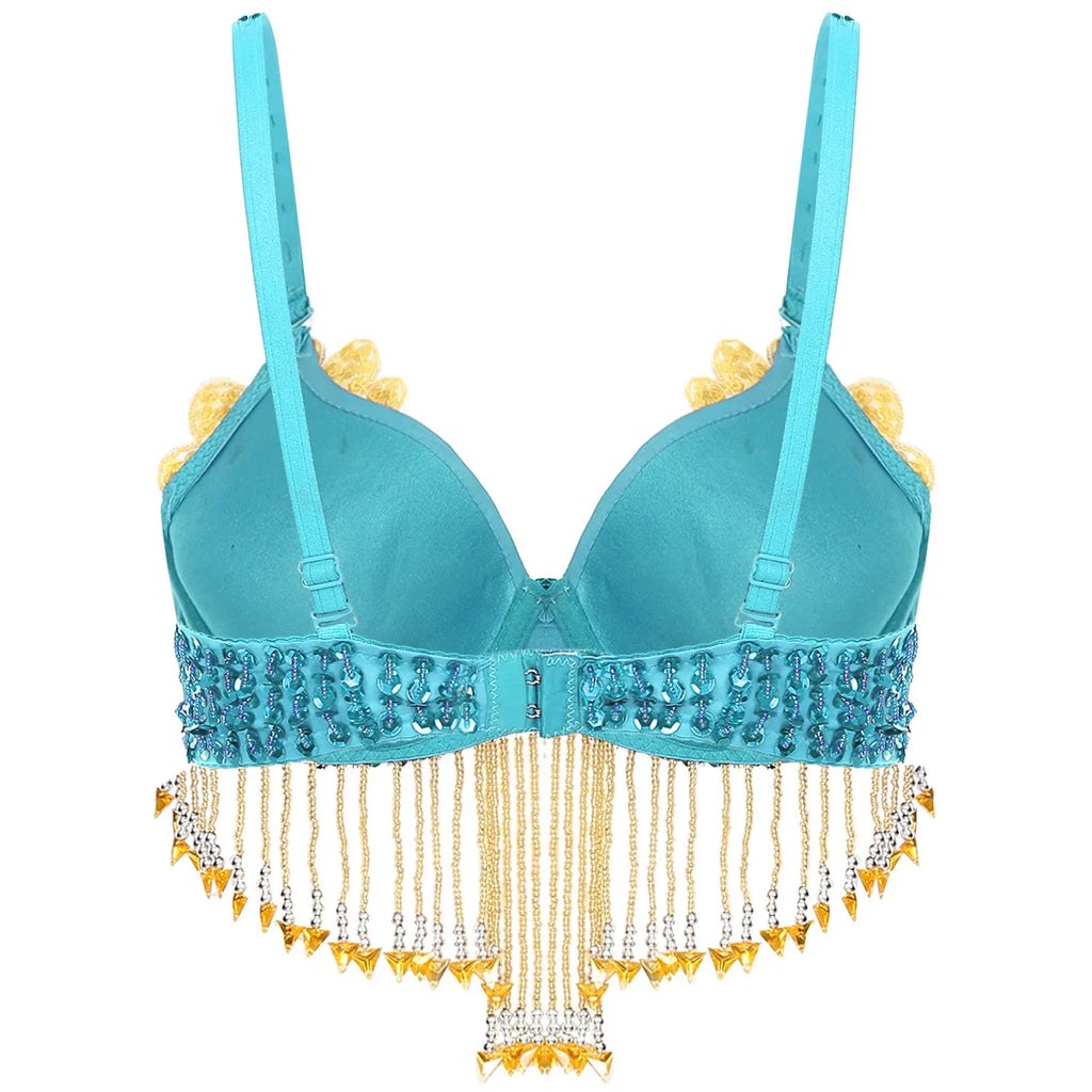 Sparkly Floral Beaded Sequin Belly Dance Bra & Tassel Performance Top