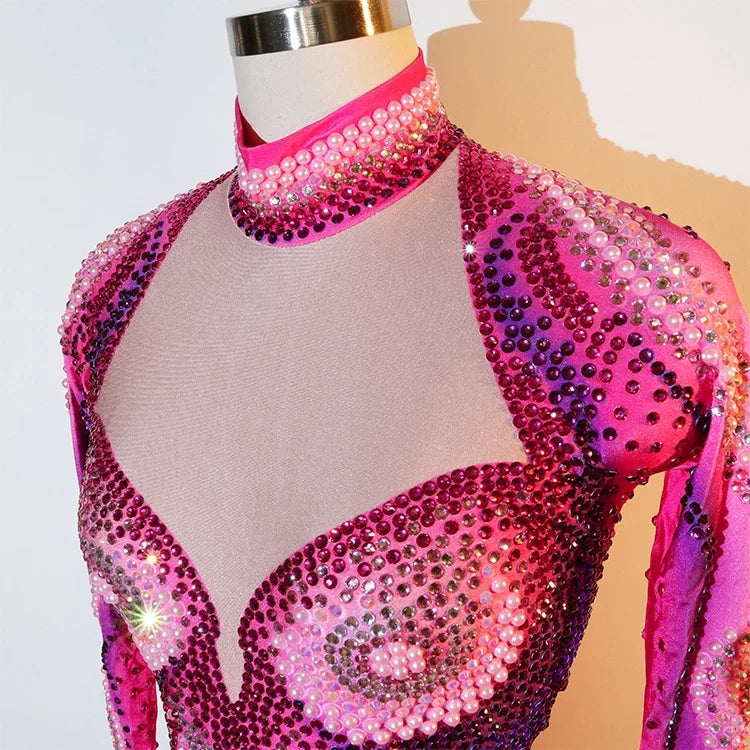 Pink Rhinestone Long-Sleeve Mesh Bodysuit | Stagewear