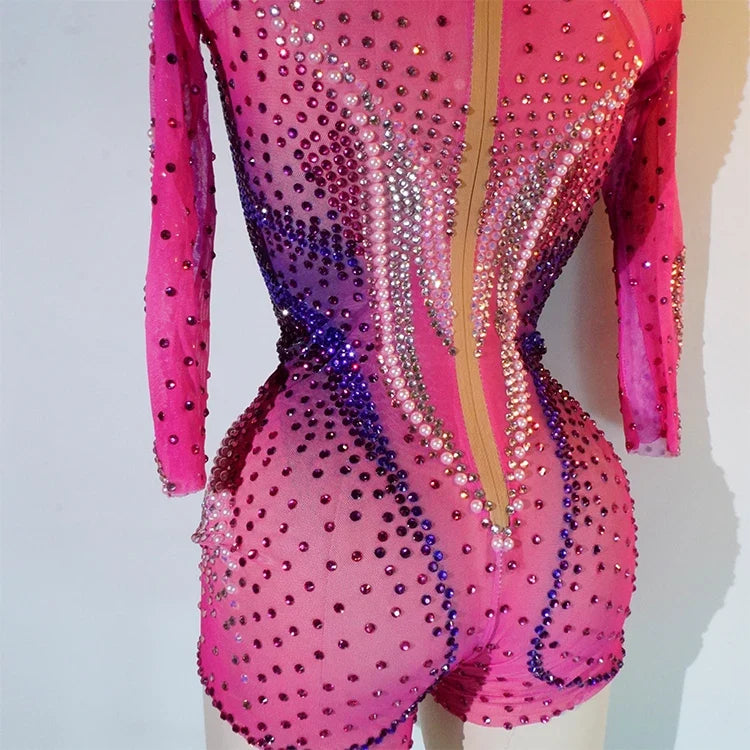 Pink Rhinestone Long-Sleeve Mesh Bodysuit | Stagewear