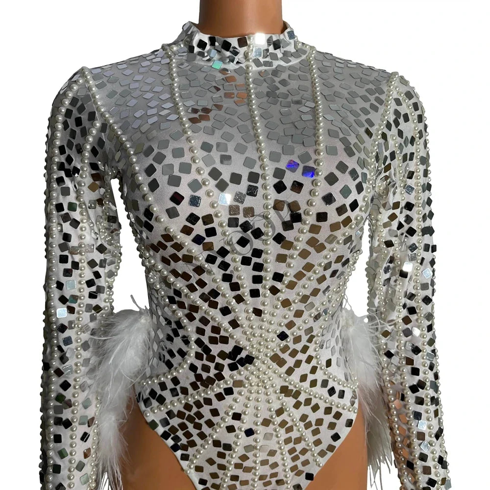 Silver Sequin Pearl & Feather Bodysuit Set