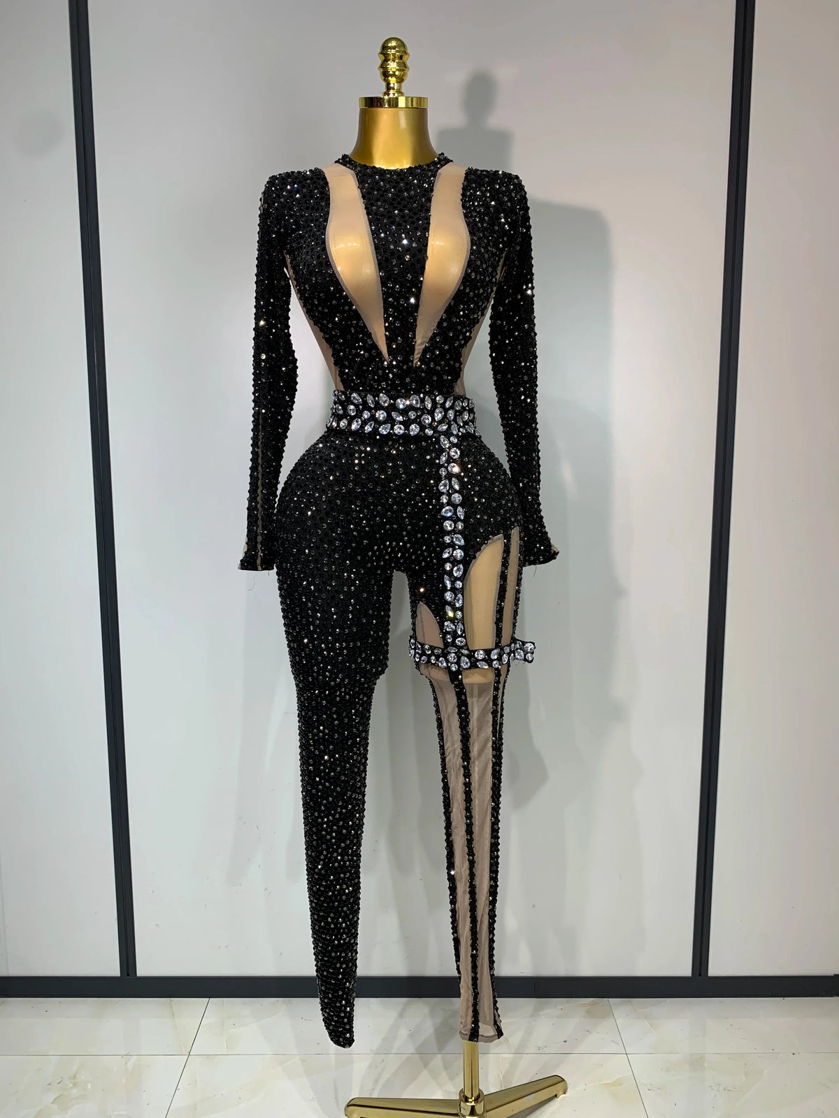 Black Rhinestone Mesh Festival Jumpsuit