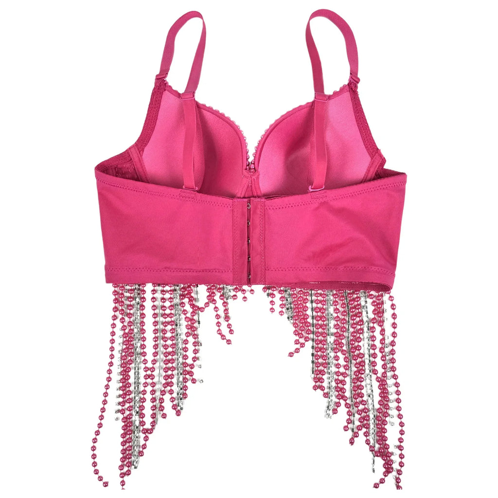 Rhinestone & Bead Tassel Push-Up Underwire Bustier Crop Top