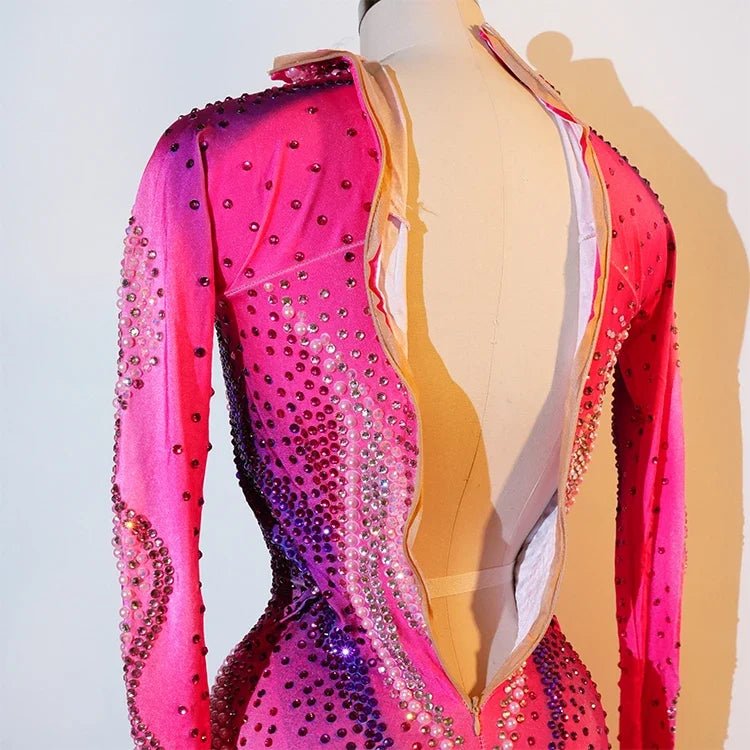 Pink Rhinestone Long-Sleeve Mesh Bodysuit | Stagewear