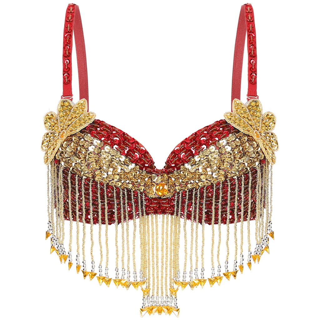 Sparkly Floral Beaded Sequin Belly Dance Bra & Tassel Performance Top