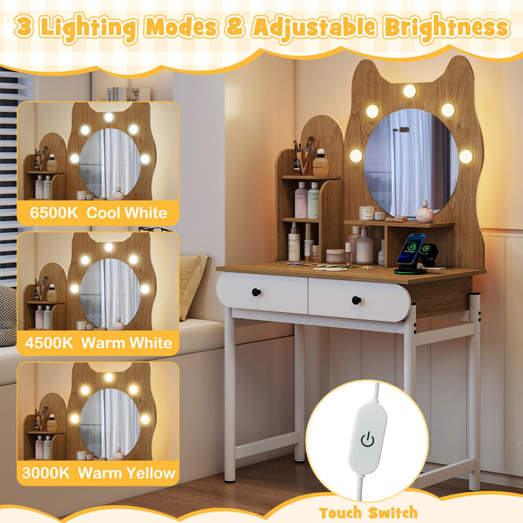 Small Vanity Desk with Mirror and Lights Cute Kitty Makeup Table with Power Outlets-Natural