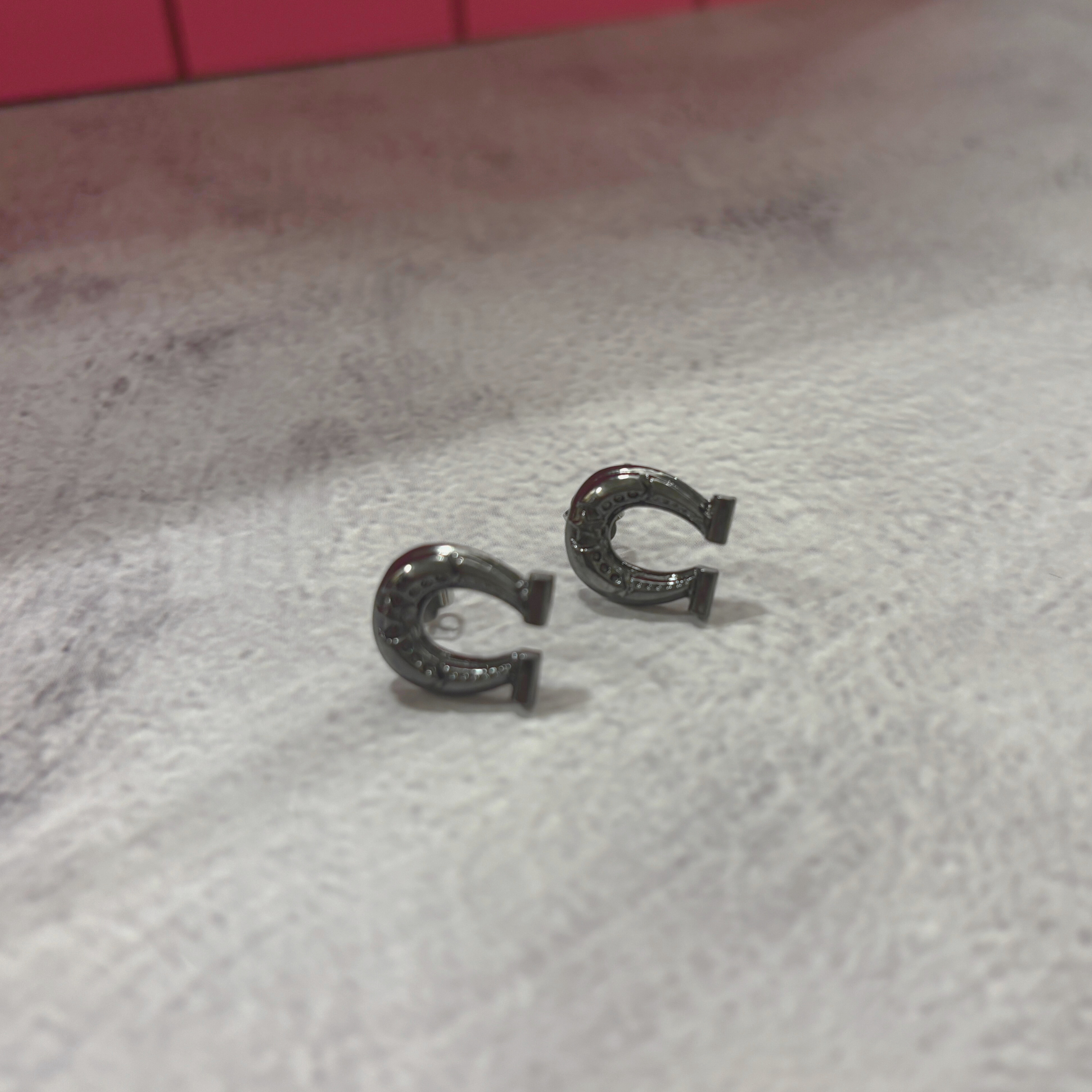 Sourpuss Earrings | Horseshoe Studs Black Gunmetal | Rockabilly Lucky Charm Jewelry