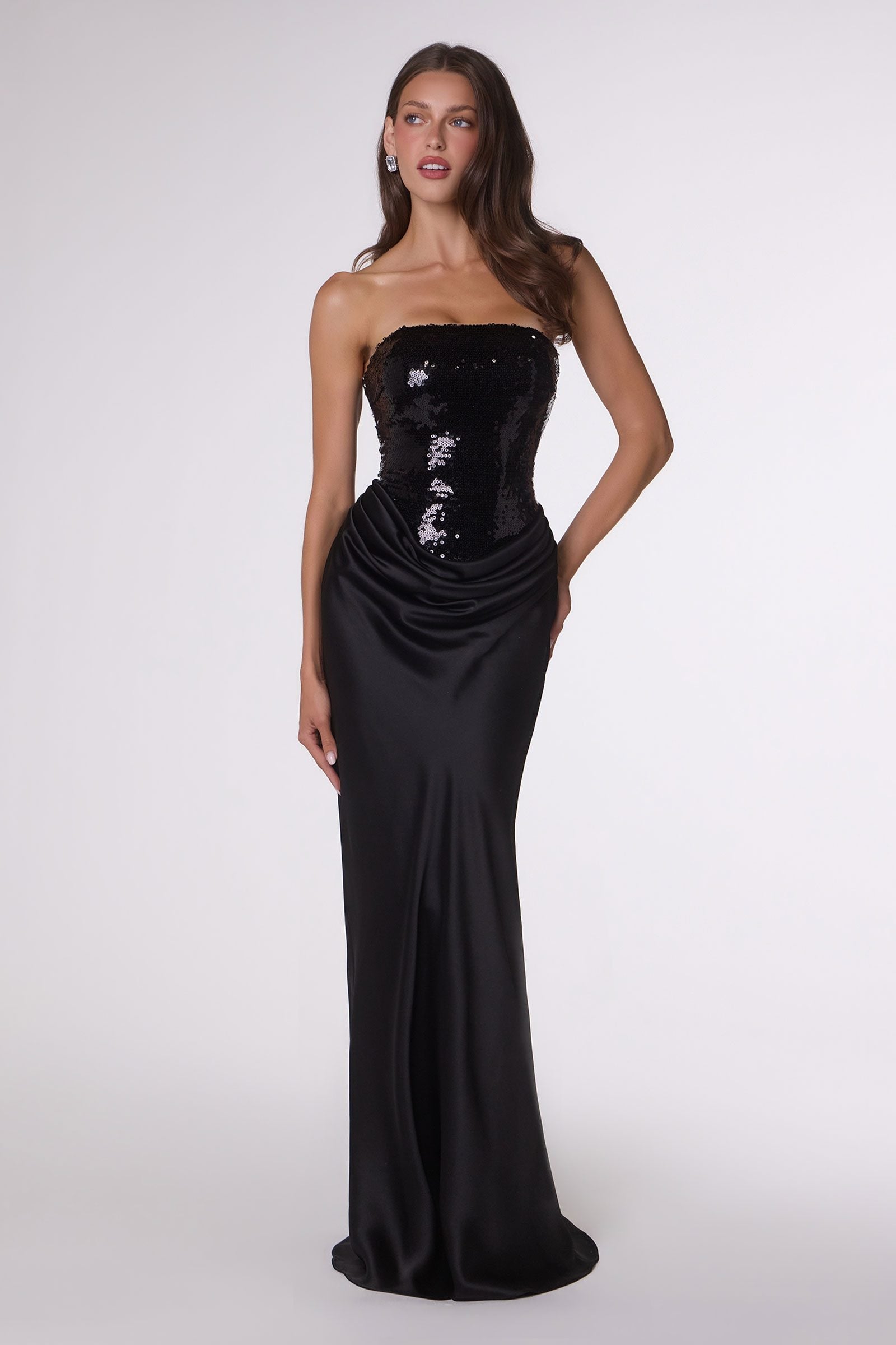Amoris T744 Strapless Sequin Bodice Satin Skirt Formal Dress