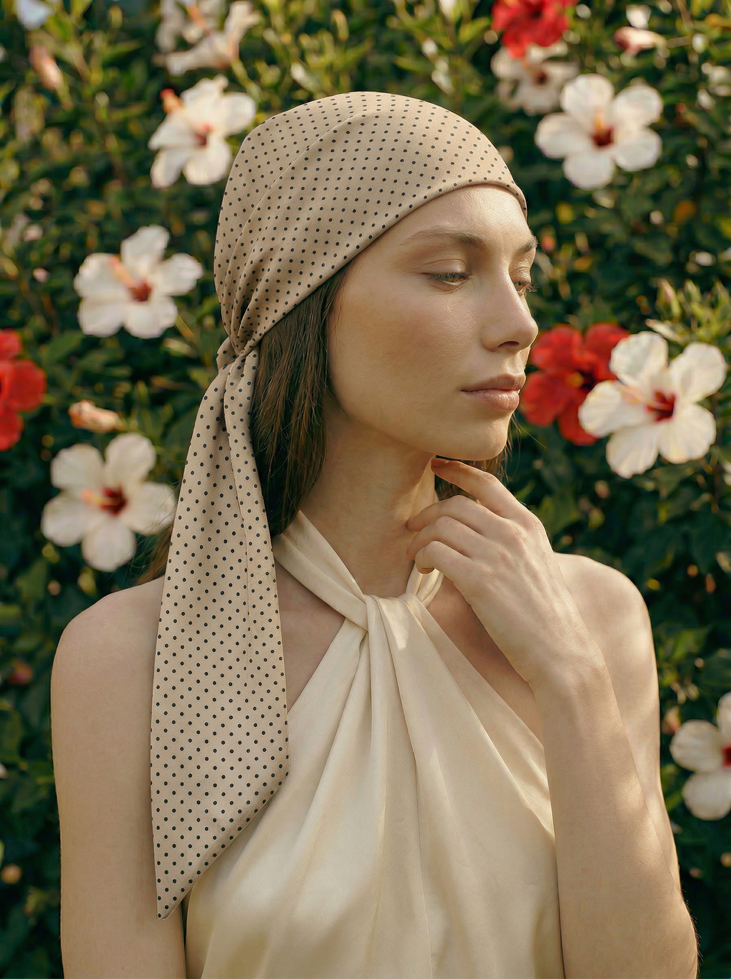 Printed Silk headscarf with ties - Tan Polka