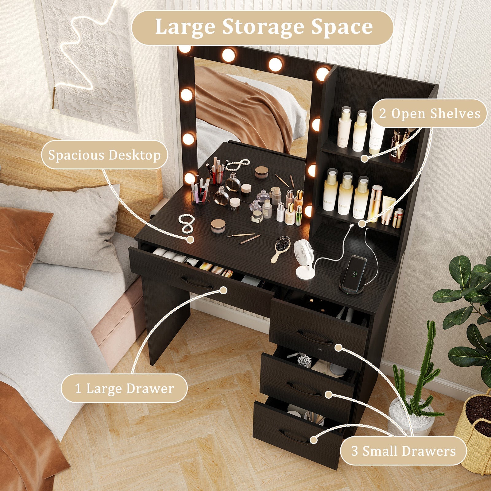 Vanity Desk with 3-Color Lights and Power Outlets