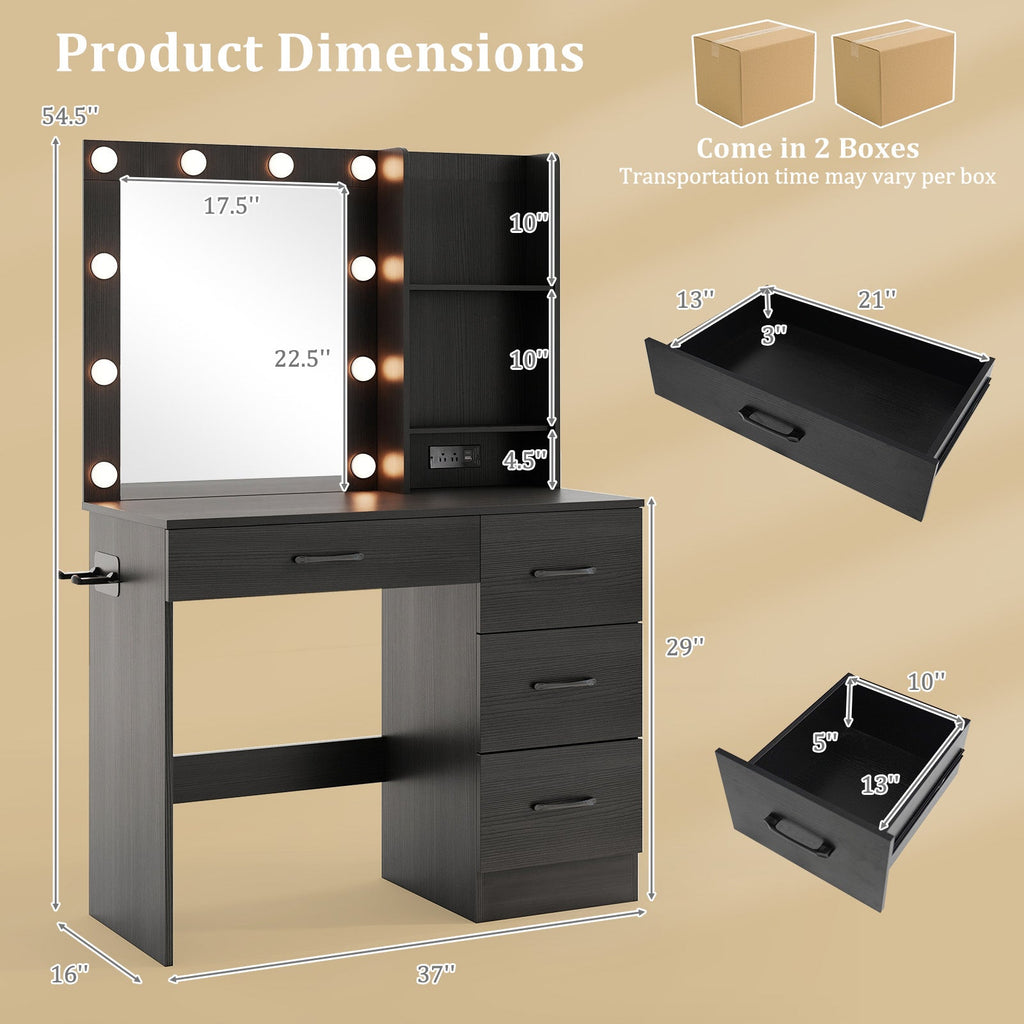 Vanity Desk with 3-Color Lights and Power Outlets