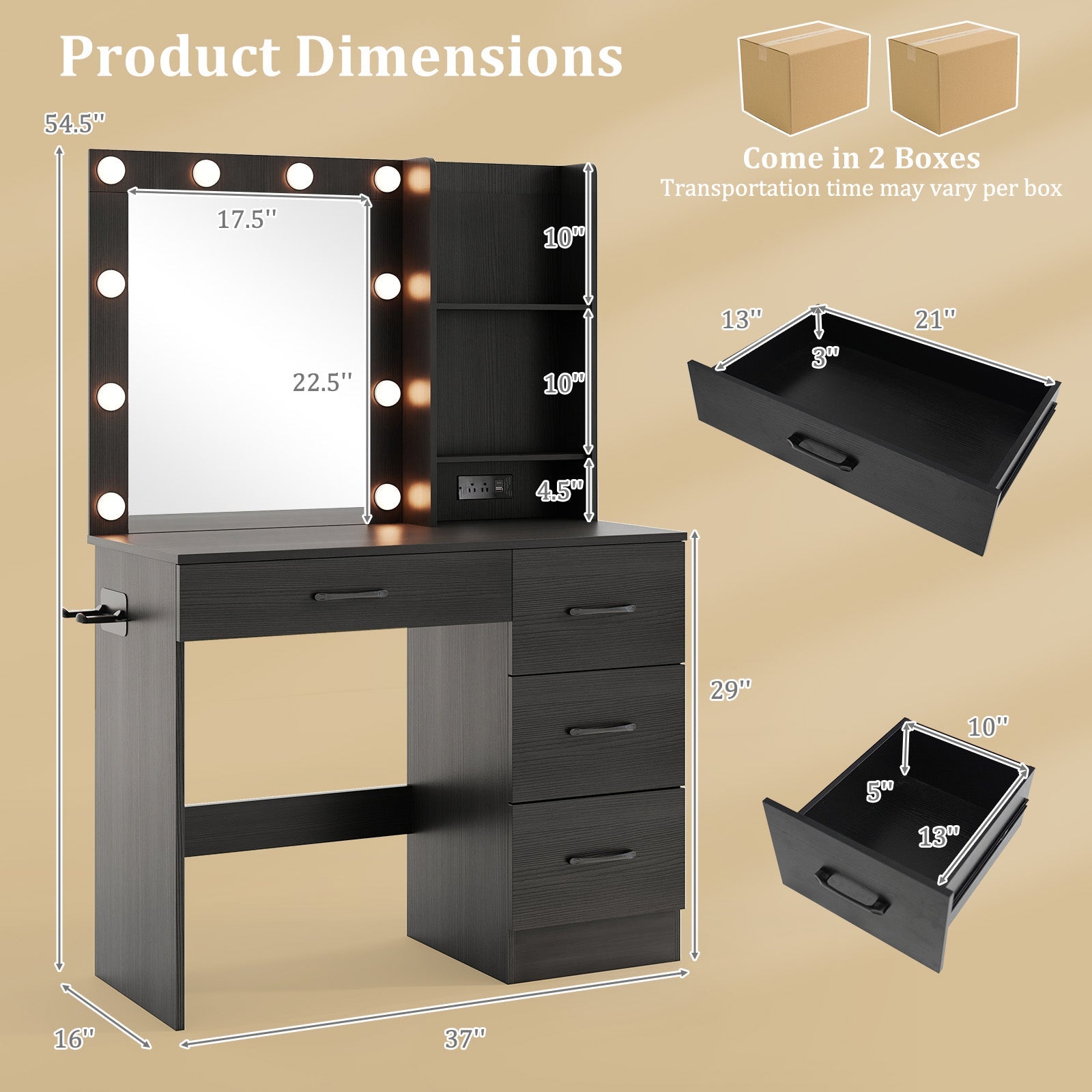 Vanity Desk with 3-Color Lights and Power Outlets