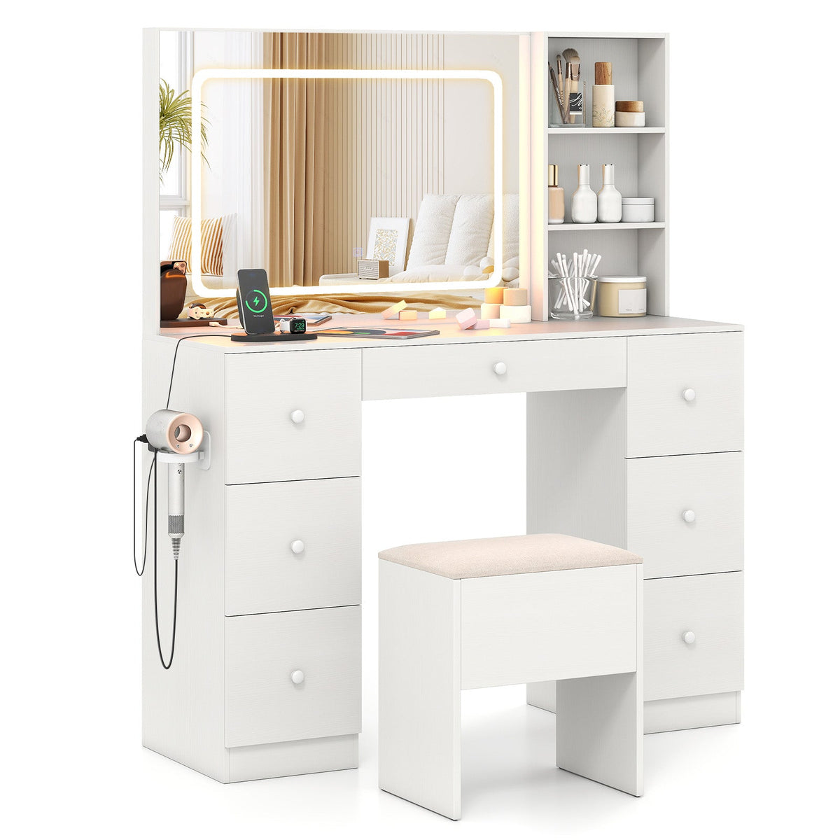 Vanity Desk with Mirror and Lights Makeup Dressing Table Vanity Table and Stool Set-White
