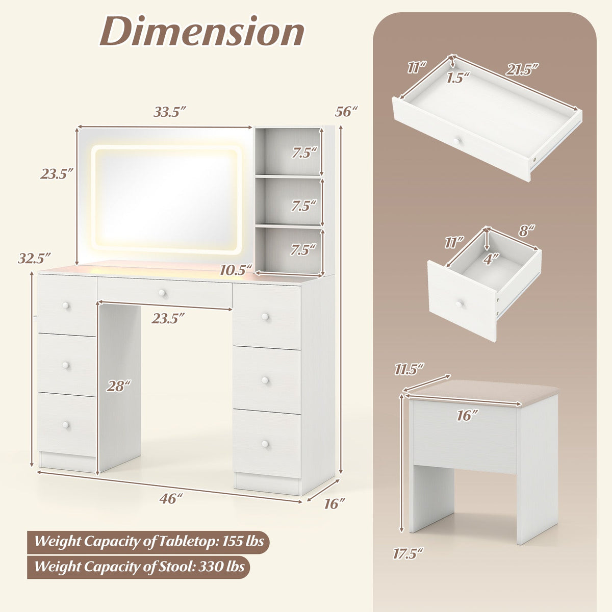 Vanity Desk with Mirror and Lights Makeup Dressing Table Vanity Table and Stool Set-White