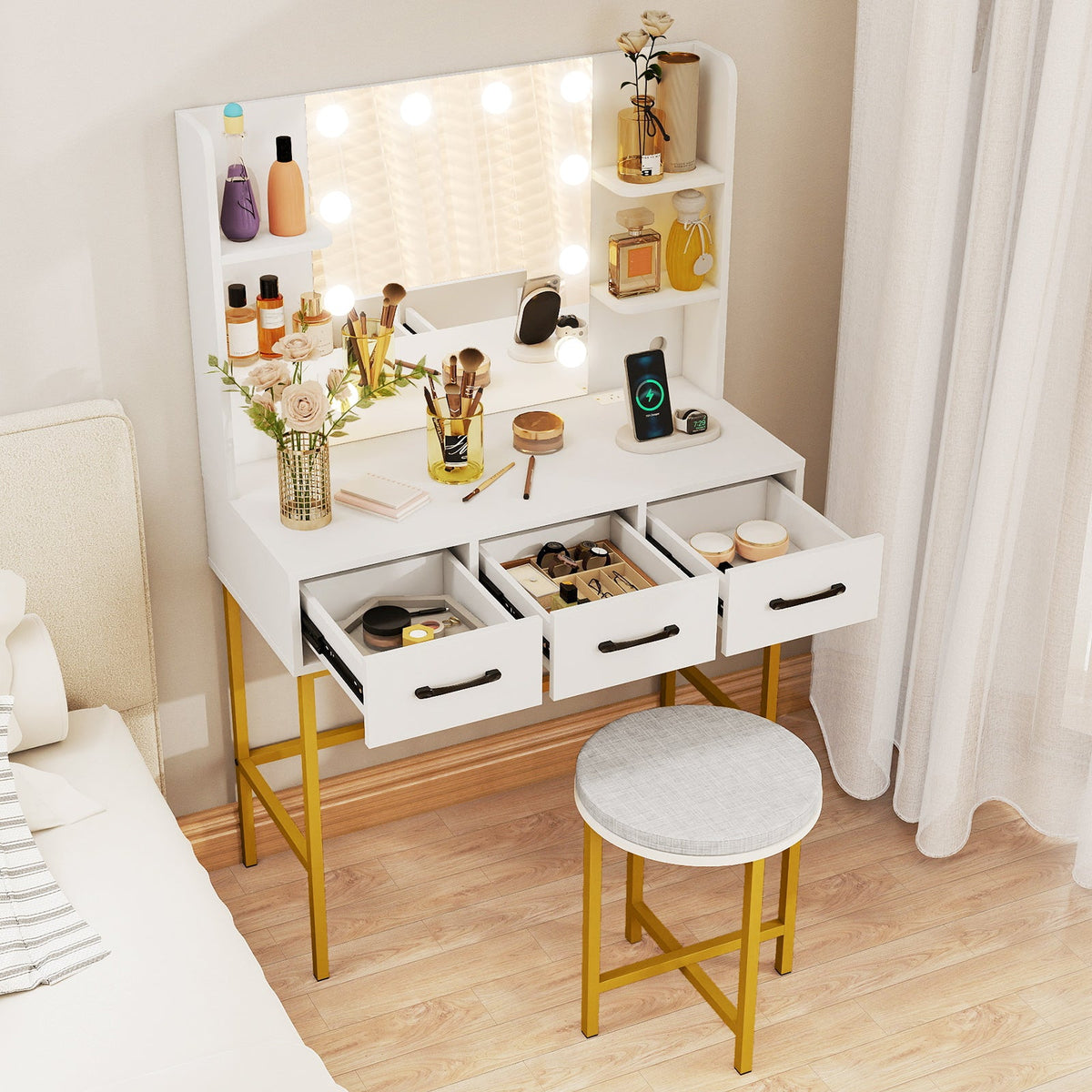 Vanity Desk with Mirror and Lights Makeup Dressing Table and Cushioned Stool Set-White