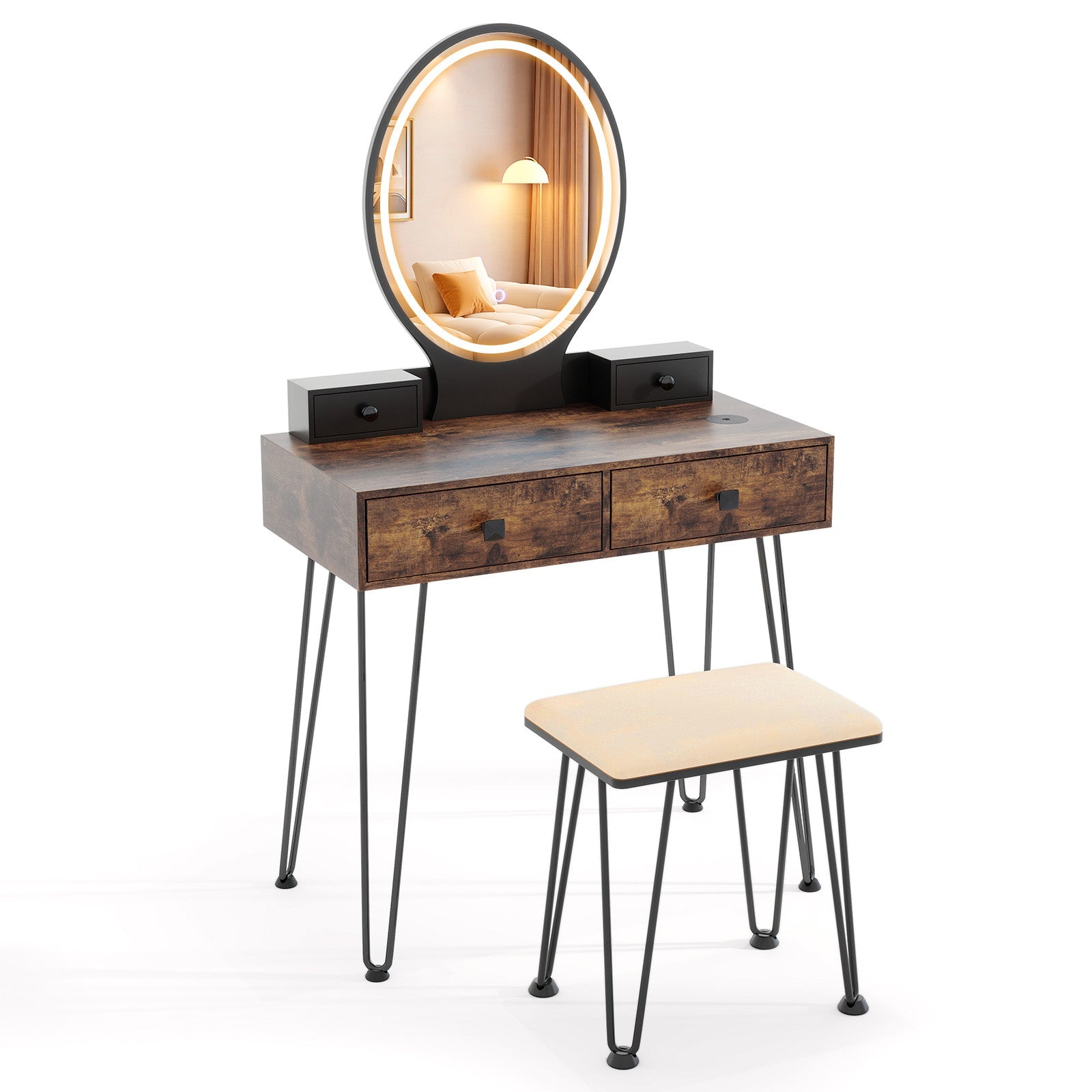 Vanity Table Set with 3-Color Lighted Dimmable Mirror
