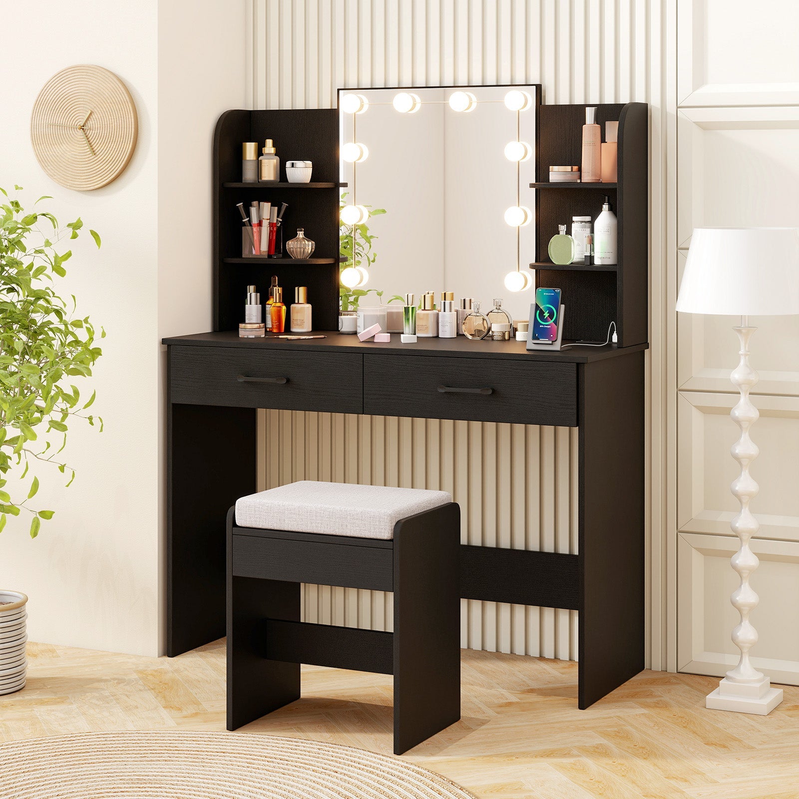 Vanity Set with Lighted Mirror and Stool with Power Outlet