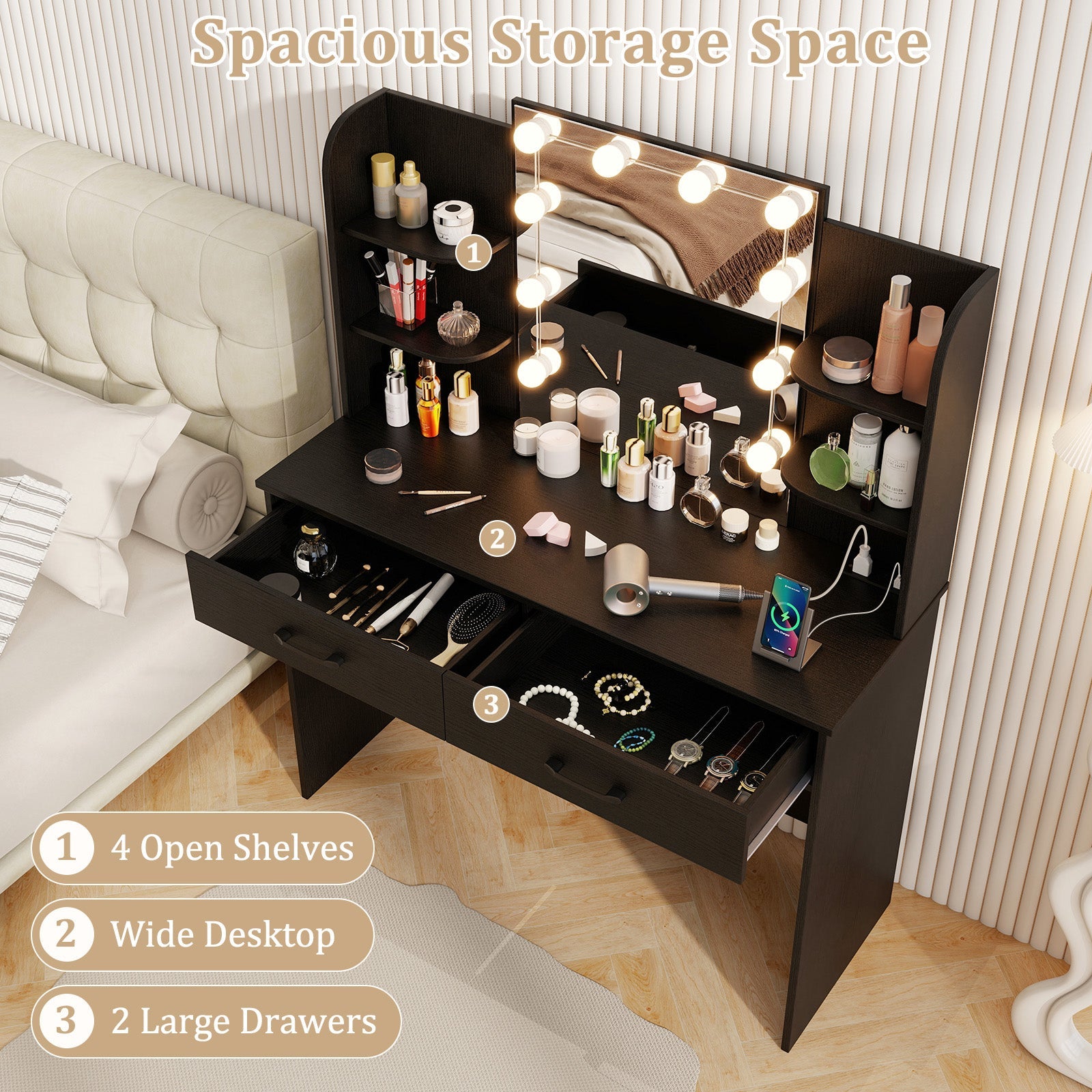 Vanity Set with Lighted Mirror and Stool with Power Outlet