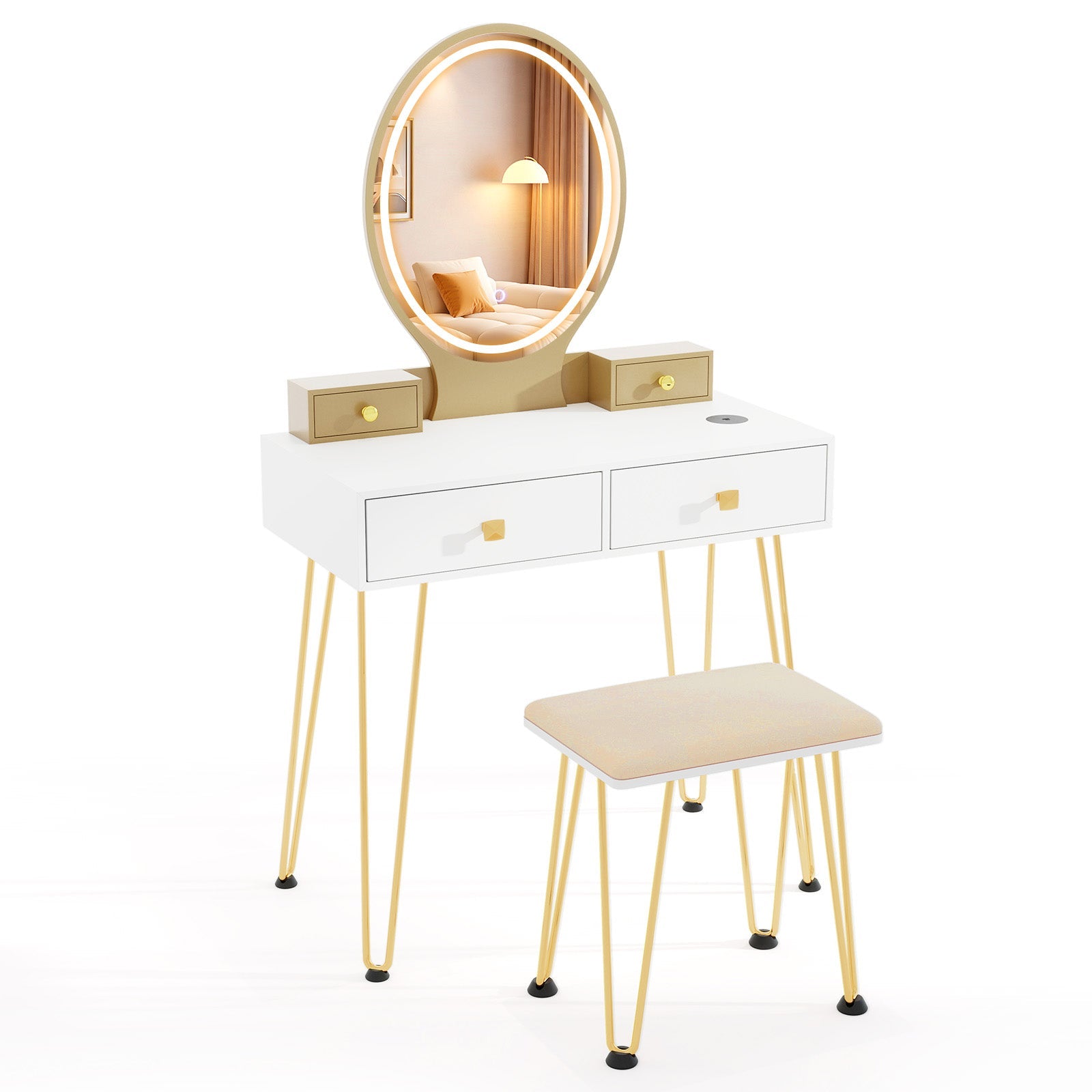 Vanity Table Set with 3-Color Lighted Dimmable Mirror