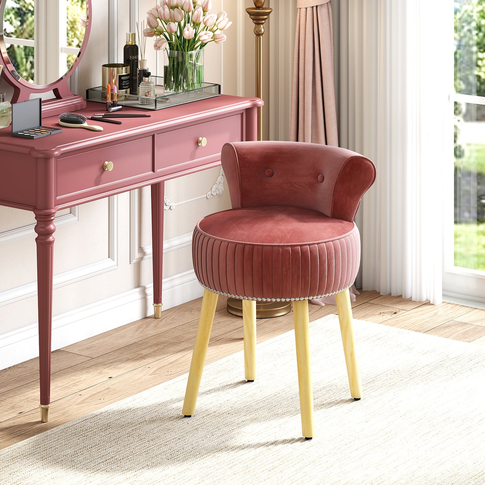 Velvet Vanity Chair with Back Upholstered Vanity Stool with Tufted Low Back and Solid Wood Legs