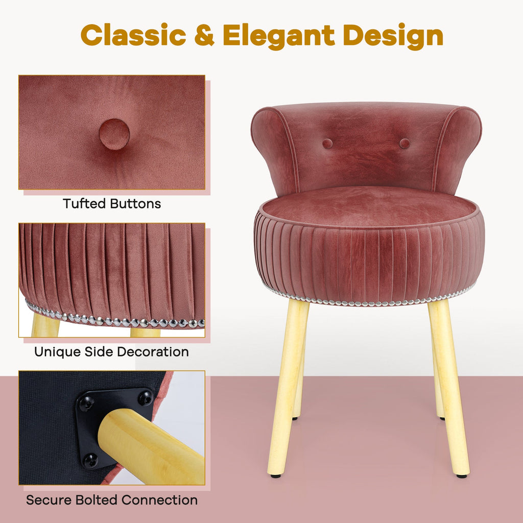 Velvet Vanity Chair with Back Upholstered Vanity Stool with Tufted Low Back and Solid Wood Legs