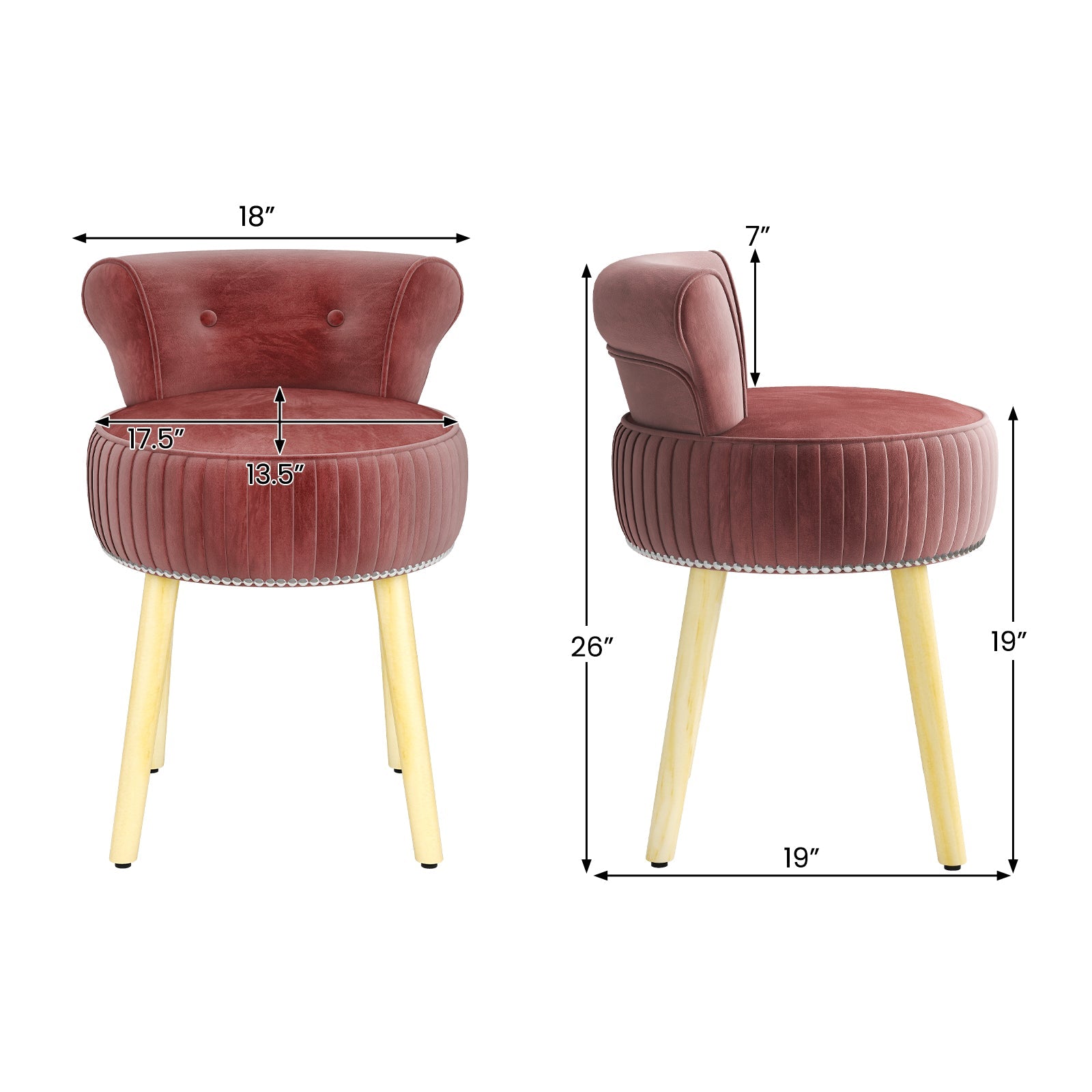 Velvet Vanity Chair with Back Upholstered Vanity Stool with Tufted Low Back and Solid Wood Legs