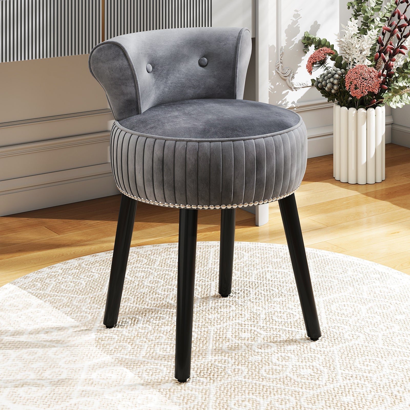 Velvet Vanity Chair with Back Upholstered Vanity Stool with Tufted Low Back and Solid Wood Legs