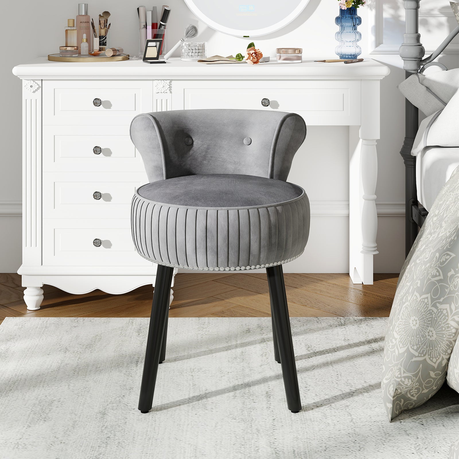Velvet Vanity Chair with Back Upholstered Vanity Stool with Tufted Low Back and Solid Wood Legs