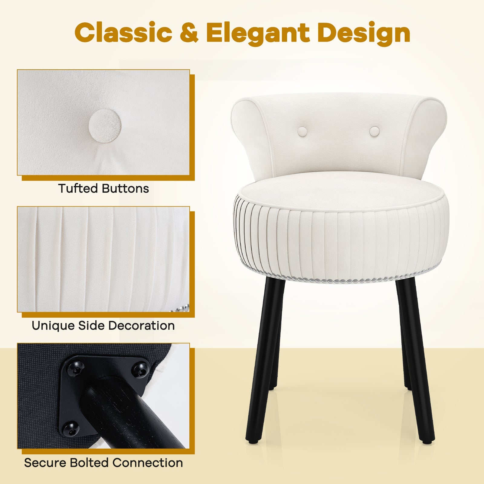 Velvet Vanity Chair with Back Upholstered Vanity Stool with Tufted Low Back and Solid Wood Legs