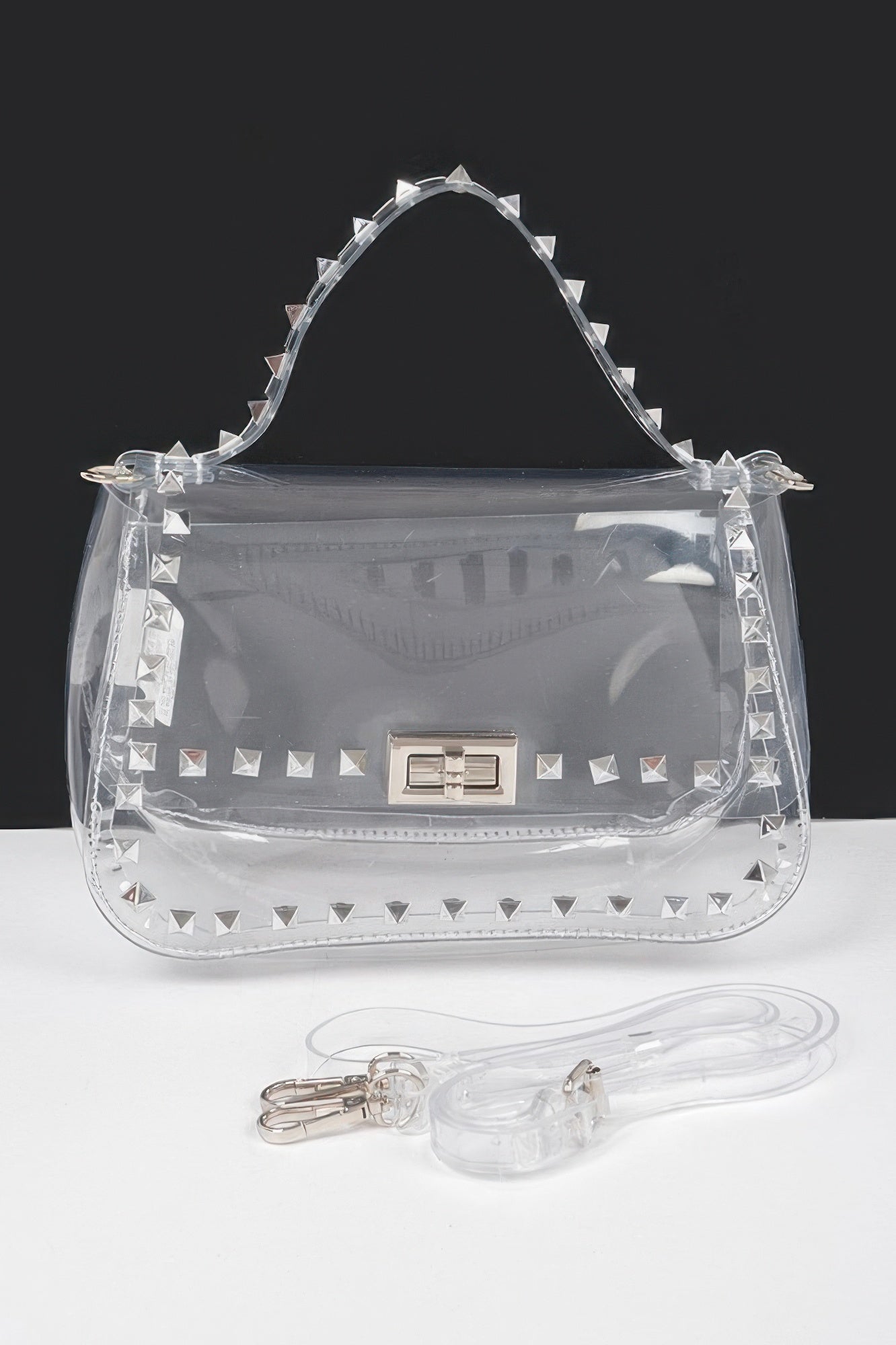 Transparent Metal Studded Top Handle Bag