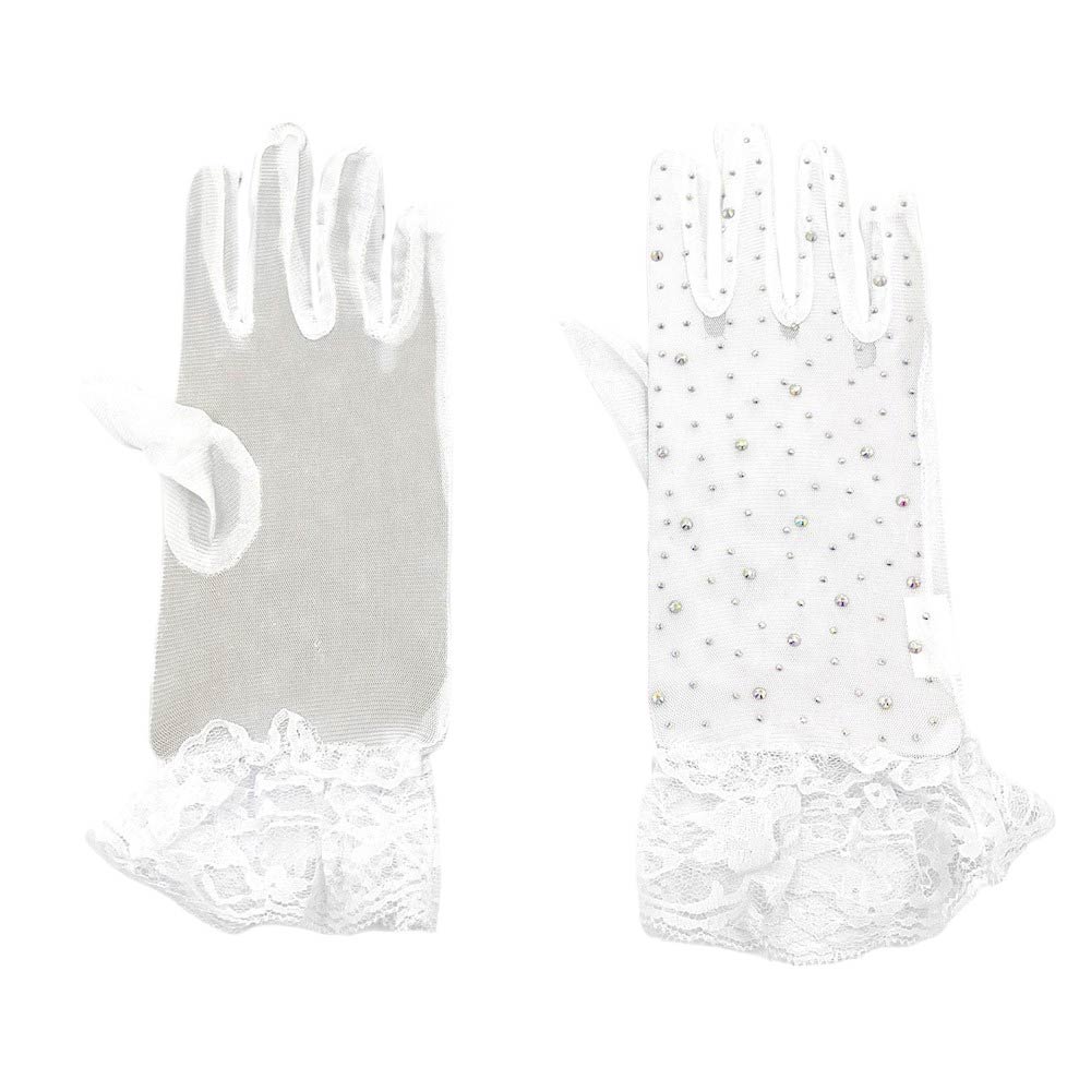 Stone Embellished Lace Cuff Mesh Dressy Wedding Gloves