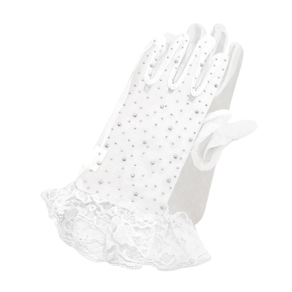 Stone Embellished Lace Cuff Mesh Dressy Wedding Gloves