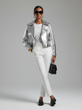 Women's Metallic Vegan Leather Biker Jacket SILVER WALL STREET COUTURE BYMANYC ® New York