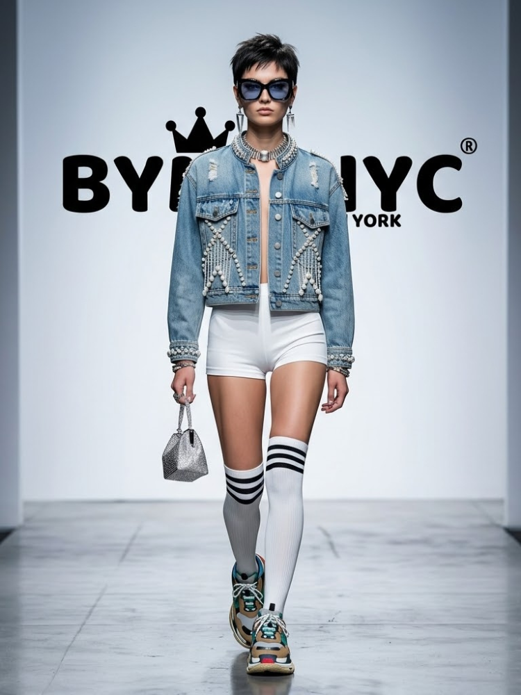 Women's Denim Jacket Pearl Embellished Fringe BYMANYC ® New York CONTEMPORARY VIBRANT MODERN OUTERWEAR - New Collection