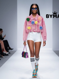 Women's Pink Denim Jacket 3D Floral Pearl Fringe BYMANYC ® New York CONTEMPORARY VIBRANT MODERN OUTERWEAR - New Collection